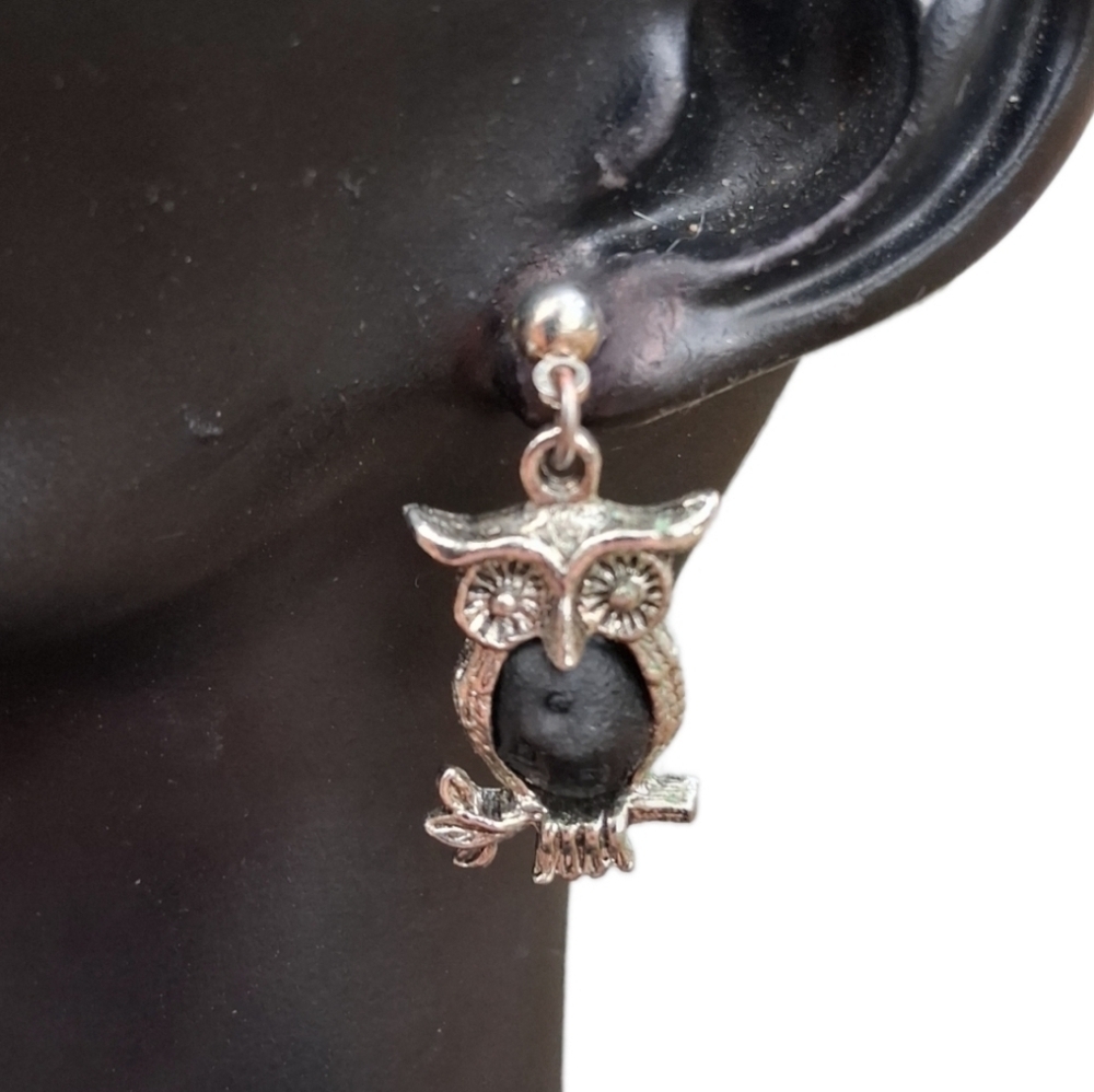 Boho Owl Dangle Earrings Silver Tone with Black Lava Stone Cabachons
